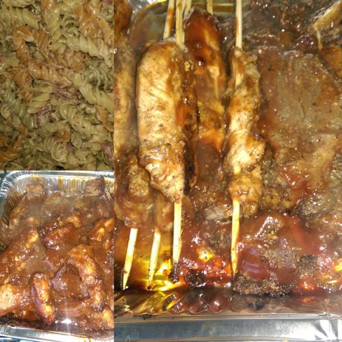 Jamaican jerk chicken and steak and pasta salad