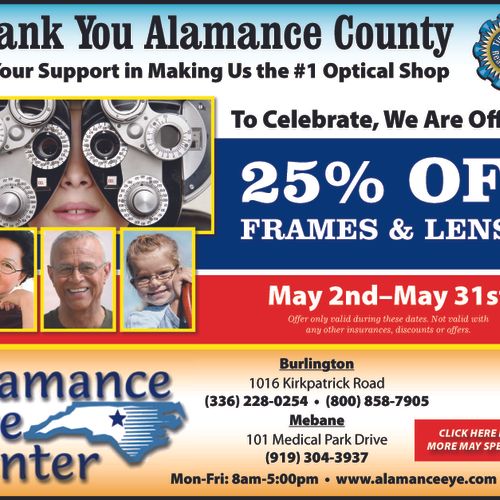 Landing page web ad for Burlington's, Alamance Eye