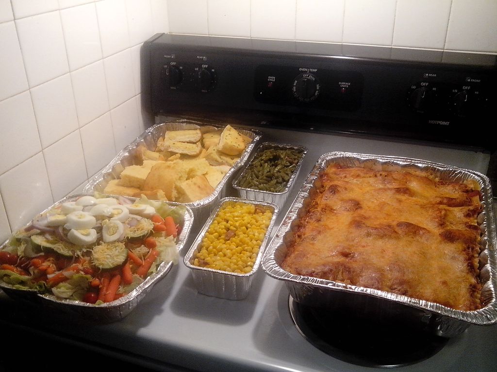 Cheesy Meaty Lasagna, Garden Salad, Corn, Green Be