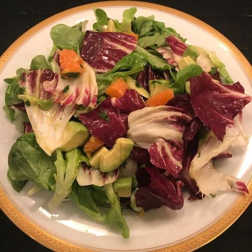 A fresh salad of radicchio, green leaf lettuce, or
