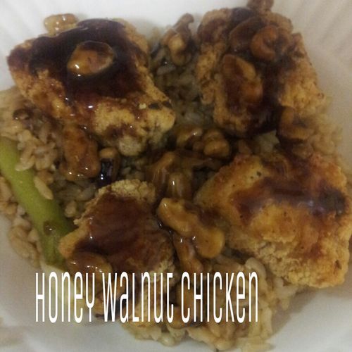 Honey walnut chicken over rice.
