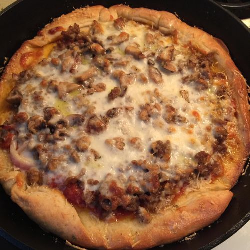 3 meat cast iron pizza