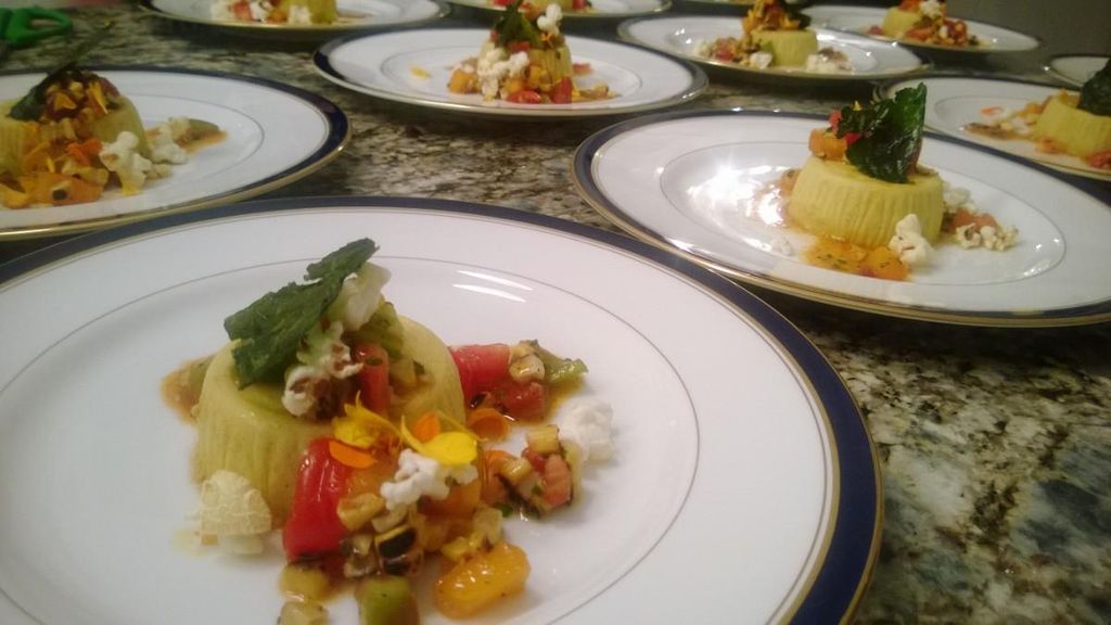 Kettle Corn Flan with Heirloom Tomato Relish and K