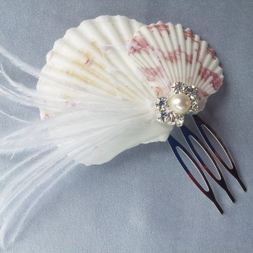 Real Sea Shell Feather Bridal Hair Comb