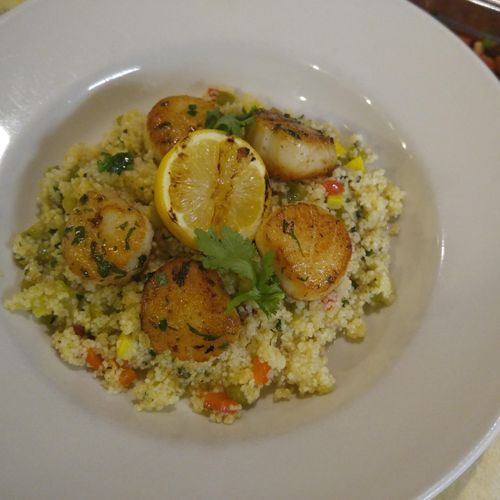 Seared Scallops, Couscous with Fire Roasted Pepper