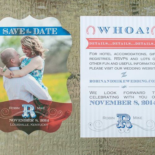 Custom wedding invitation and save the date card.