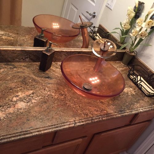 Crema Bordeaux Bath Vanity with copper glass vesse