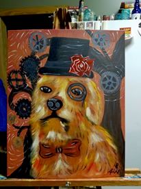 Steampunk dog painted in acrylic paint