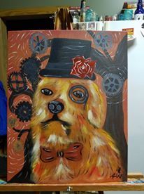 Steampunk dog painted in acrylic paint