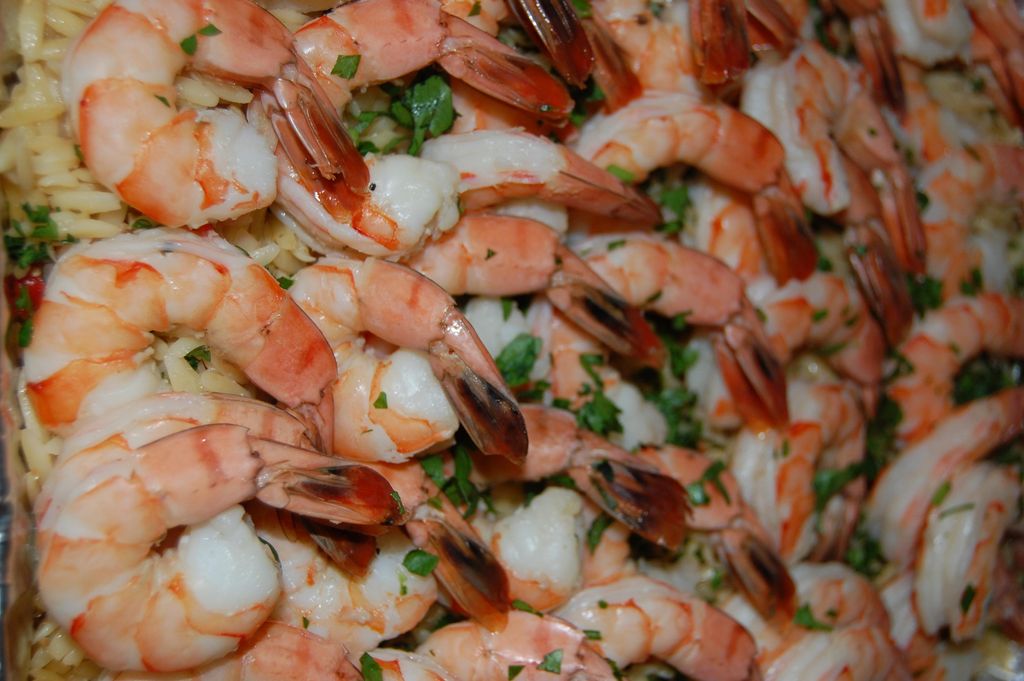Wine Poached Shrimp and herb lemon orzo
