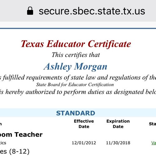 Certified teacher for grades 8-12 math 