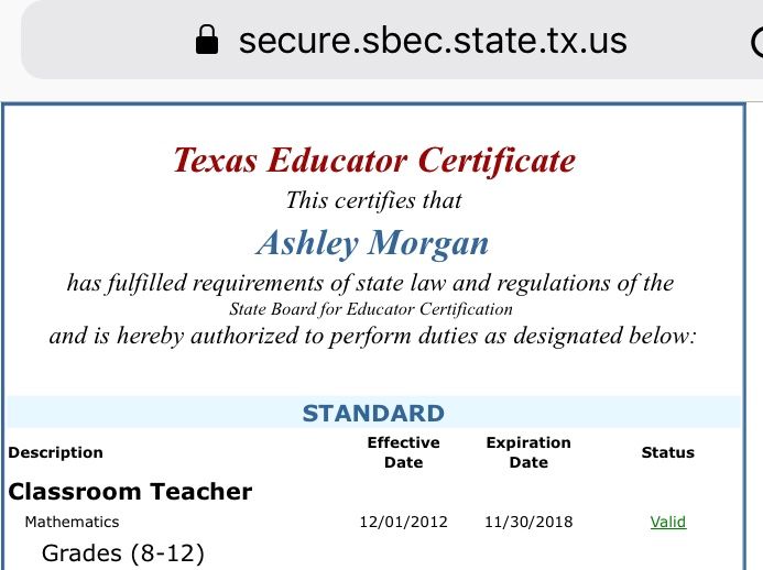 Certified teacher for grades 8-12 math 
