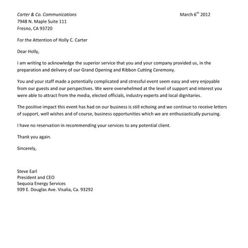 Letter of Rec for our work with Sequoia Energy Ser