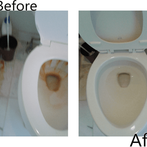 Calcium/iron  stains in toilet before and after
