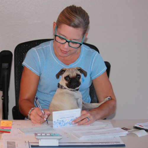 April hard at work with her pug assistant-Indie