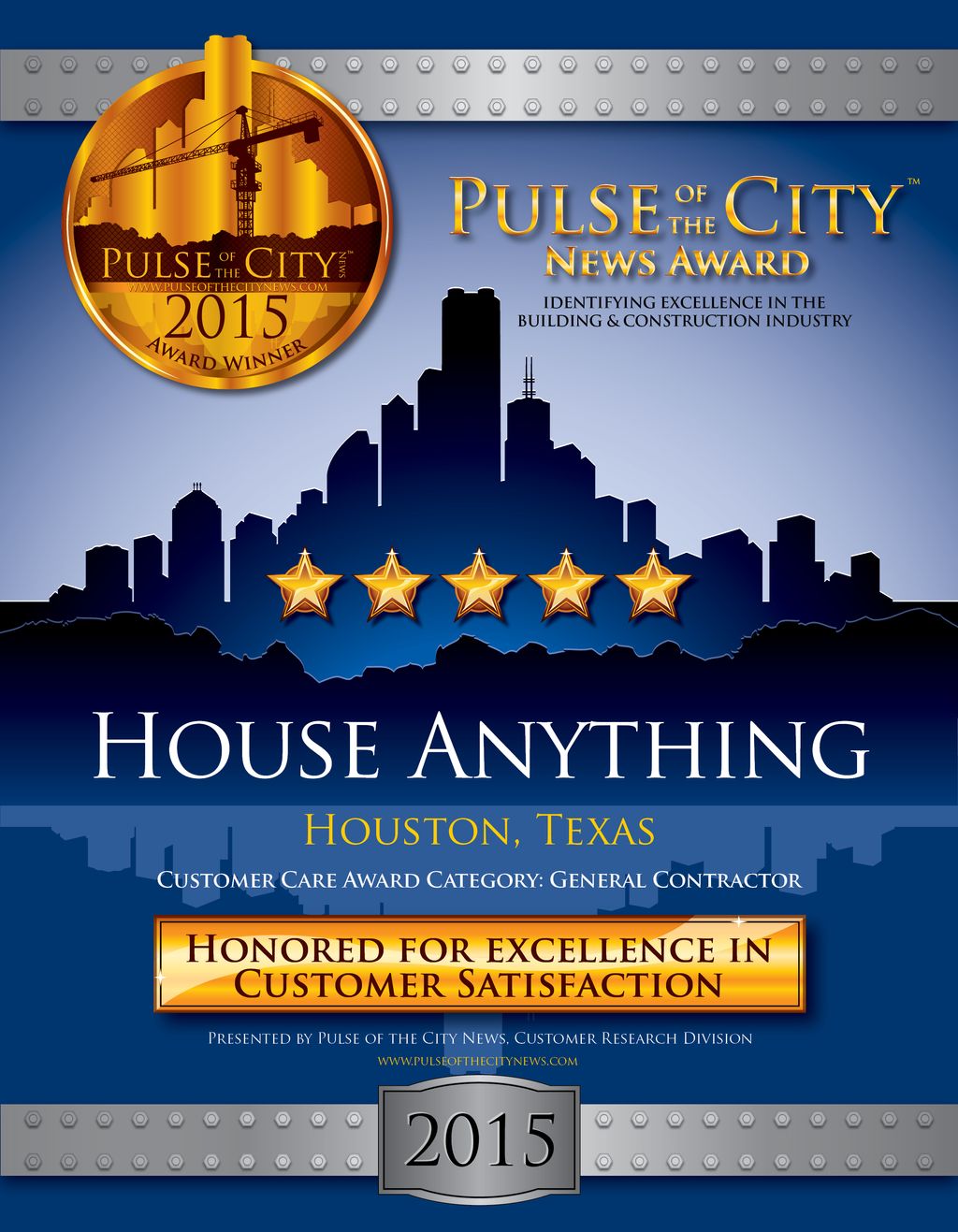 2015 "Pulse City" Customer Service award winner fo