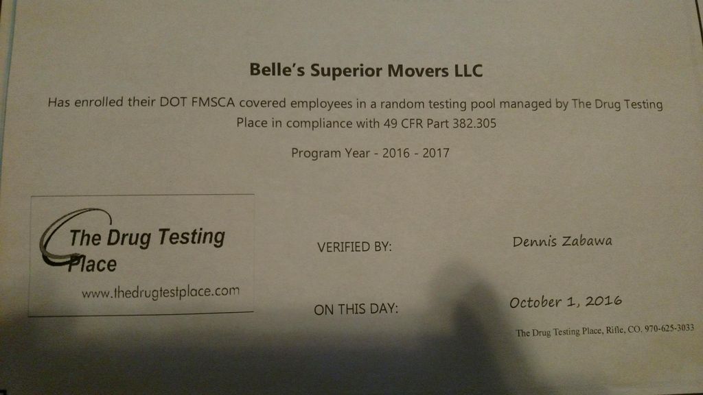 Proof  of DOT FMSCA random drug testing pool for d