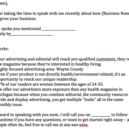 Sample follow-up email for an advertising client.