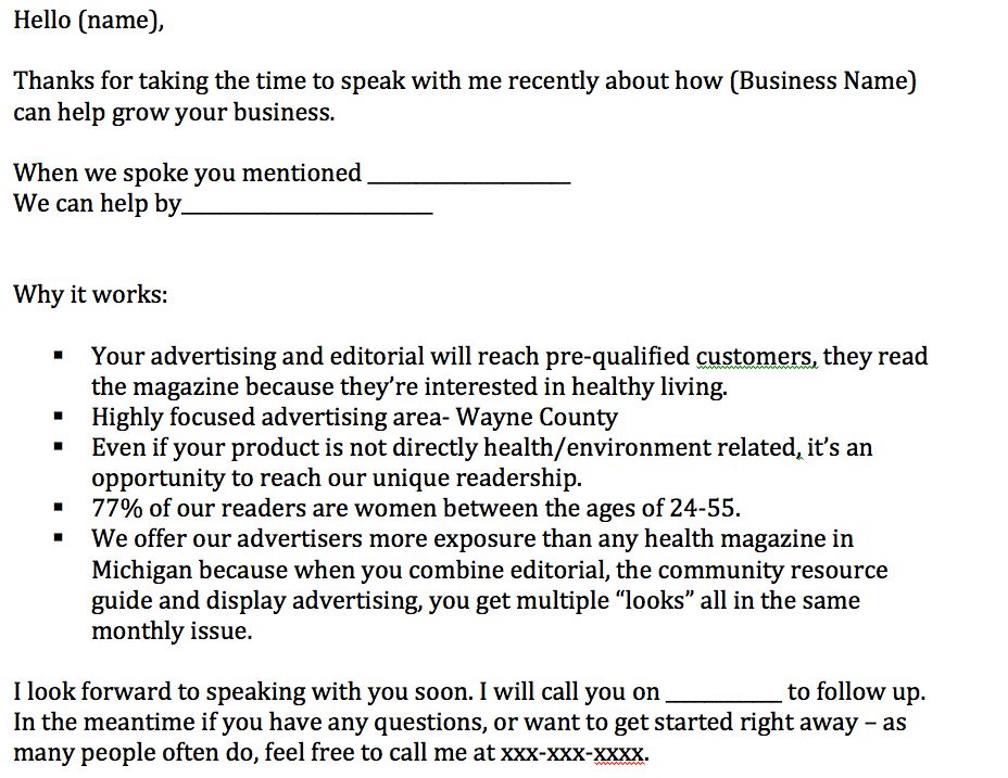 Sample follow-up email for an advertising client.