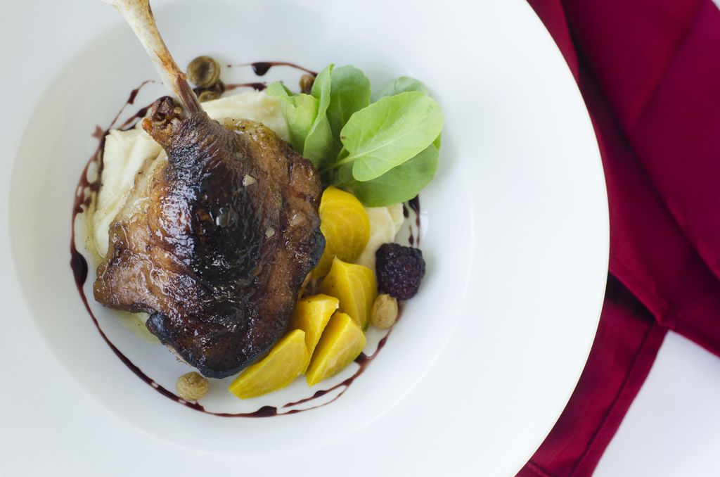 Roasted Duck with parsnip pure, beets, watercress 