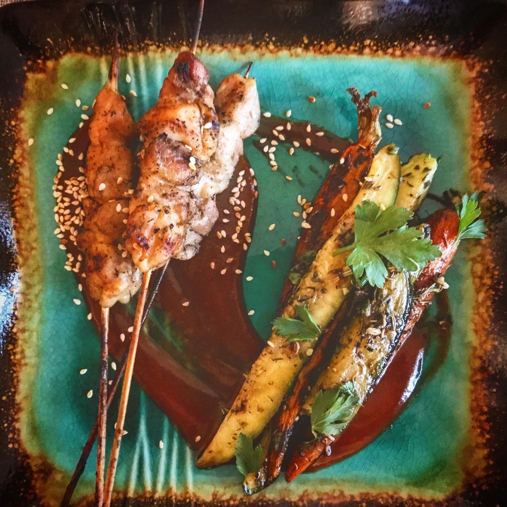 Chicken satay w/ grilled veggies in herbs de Prove