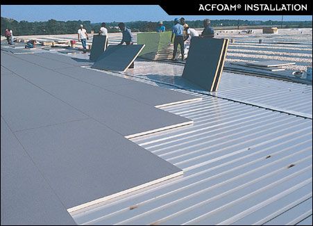 Commercial roofing insulation being installed
