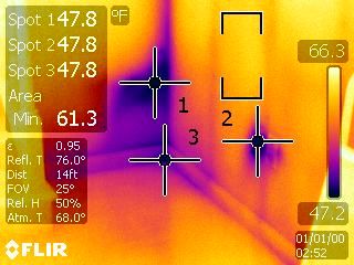 Image shows insulation deficiencies in the corner 