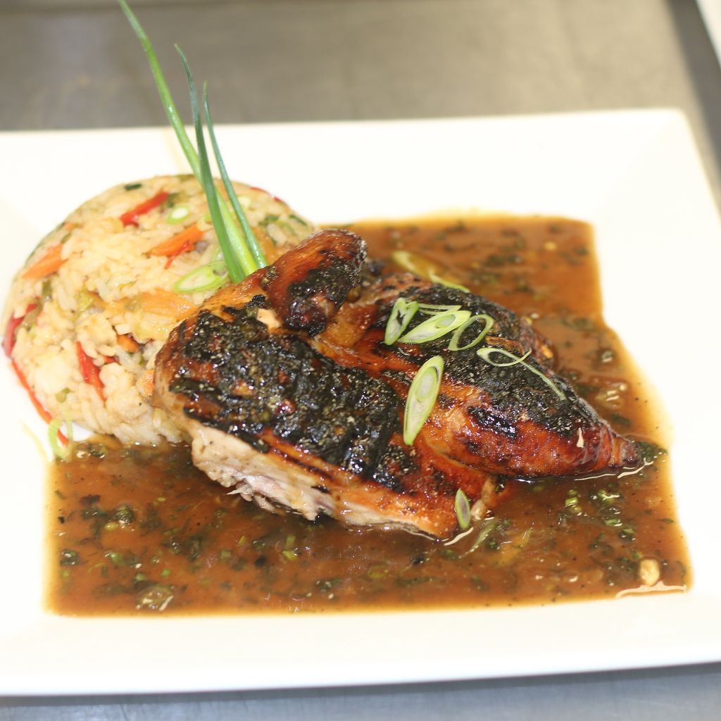 Grilled hoisin cornish hen and veg fried rice
