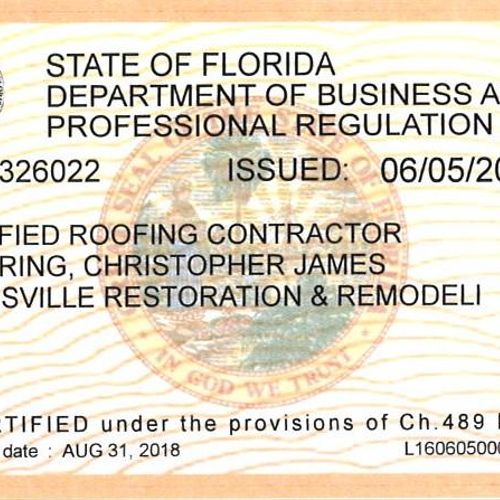 State Certified Roofing Contractor 