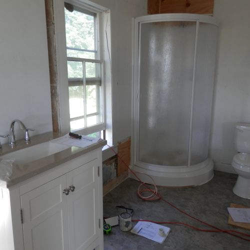 Bathroom during renovations in 1840 home. new floo