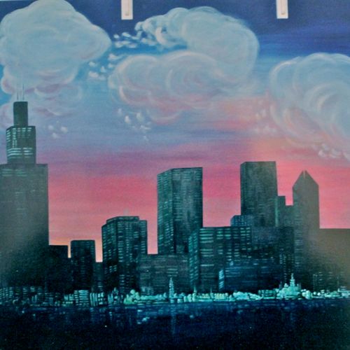 Chicago skyline painted on a young boys wall