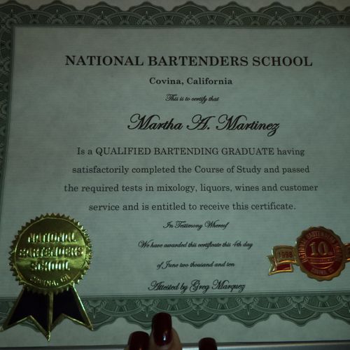 National Bartender Certificate
June 2010