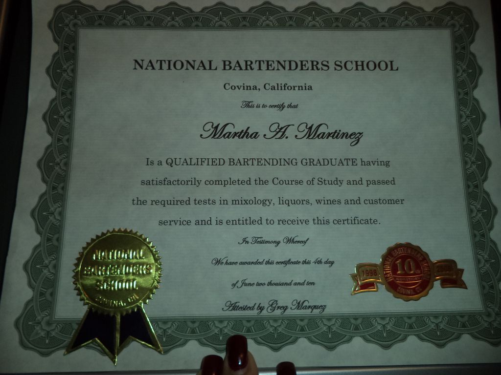 National Bartender Certificate
June 2010