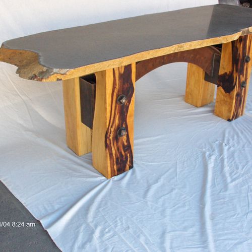 slate, steel and wood table.
