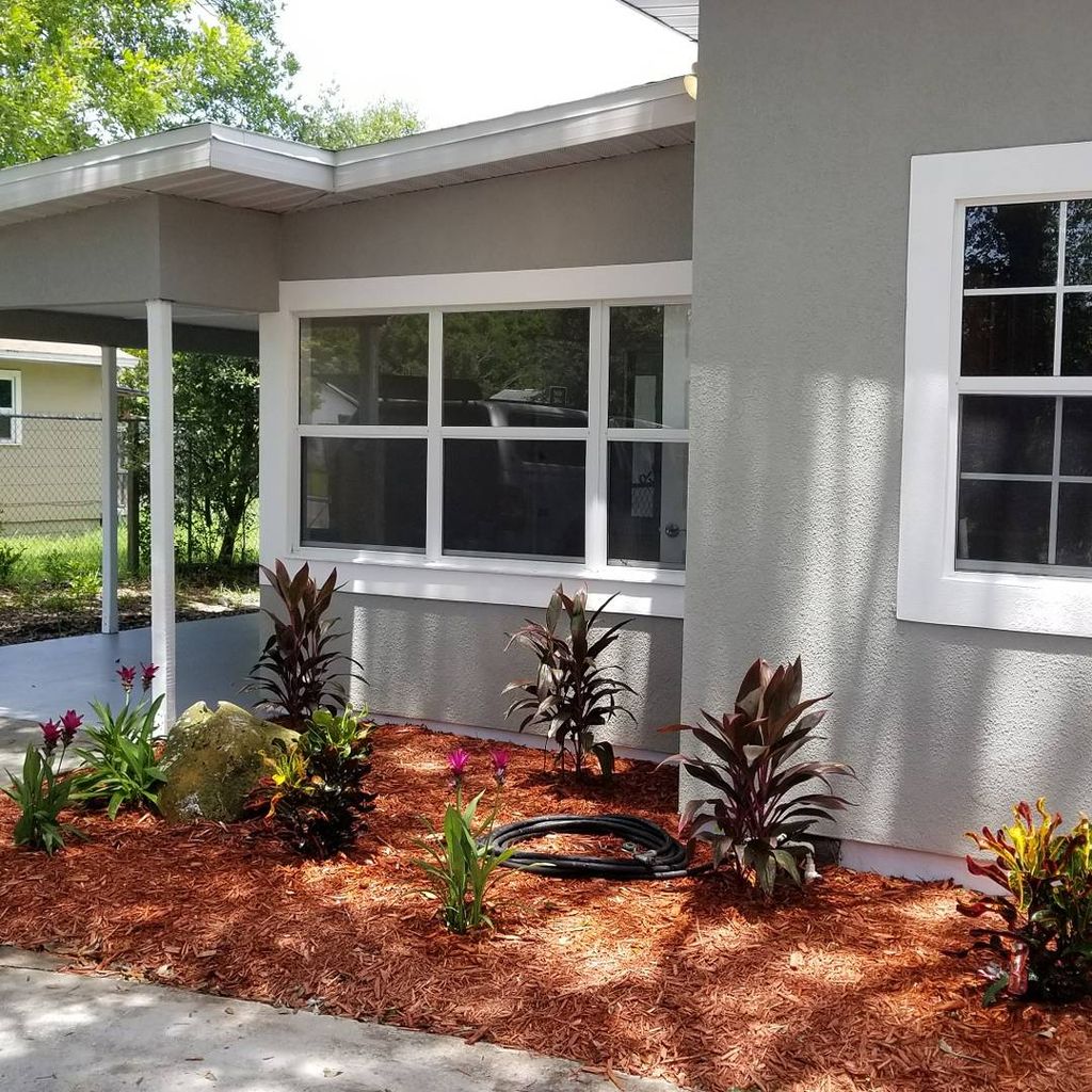 Plantings and mulched flower beds. 