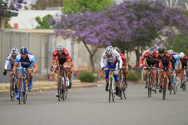 Winning the sprint, far left in blue.