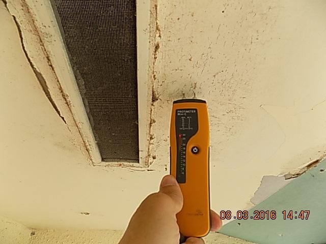 Roof leak at soffit confirmed with moisture meter