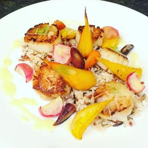 Seared Scallops, Wild Rice, Roasted Root Vegetable