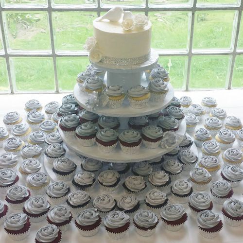 Elegant Silver & White Wedding Cupcake Tower