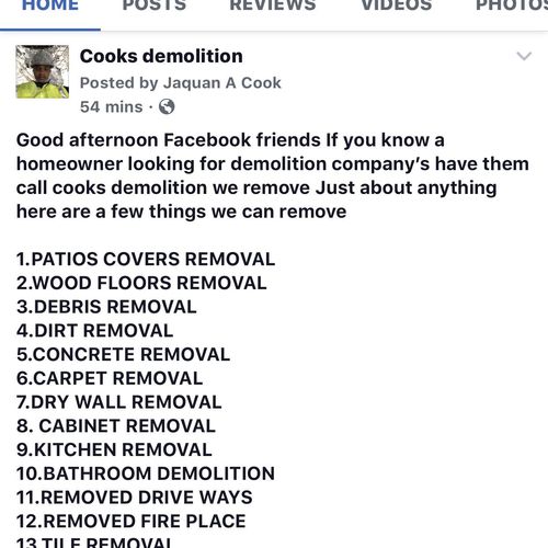 Follow my page on Facebook at cooksdemolition 