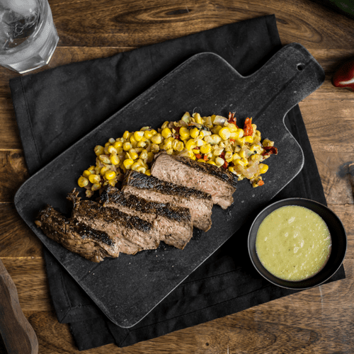 Grilled NY Strip Steak Corn Stir-Fry And Tomatillo