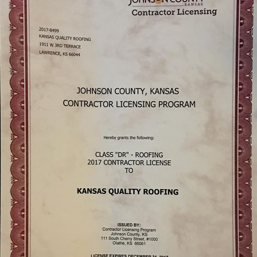 2017 Johnson County Roofing Contractor License