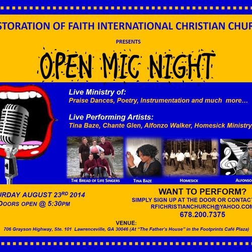 Open Mic Night flyer for Restoration of Faith Inte