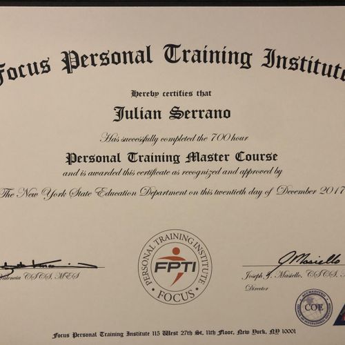 Certfication of personal training master course.