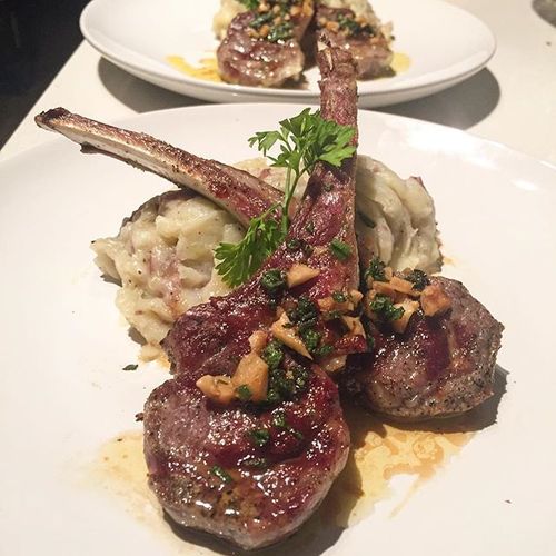Grass fed Lamb Chops over mashed Reds, topped with