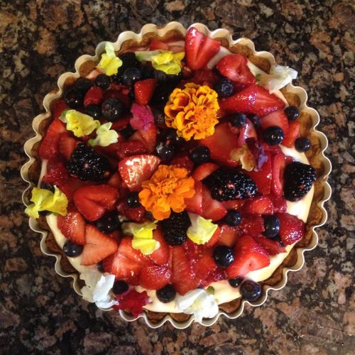 Tart with Berries, Lemon Mascarpone Cream, & Edibl