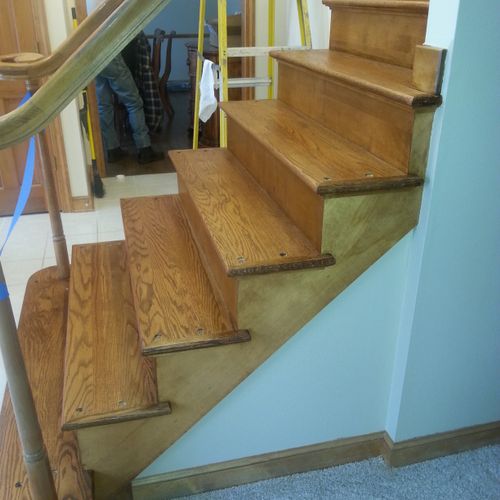 red oak treads stained Nutmeg with Two coats of Bo