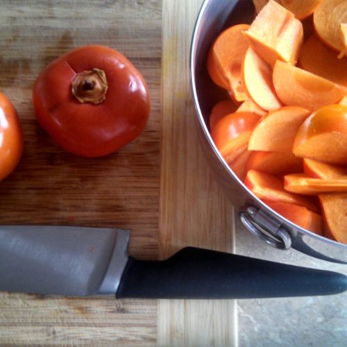 Dicing persimmons for a cobler.