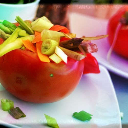 Tomato Stuffed with an Asparagus Salad.
