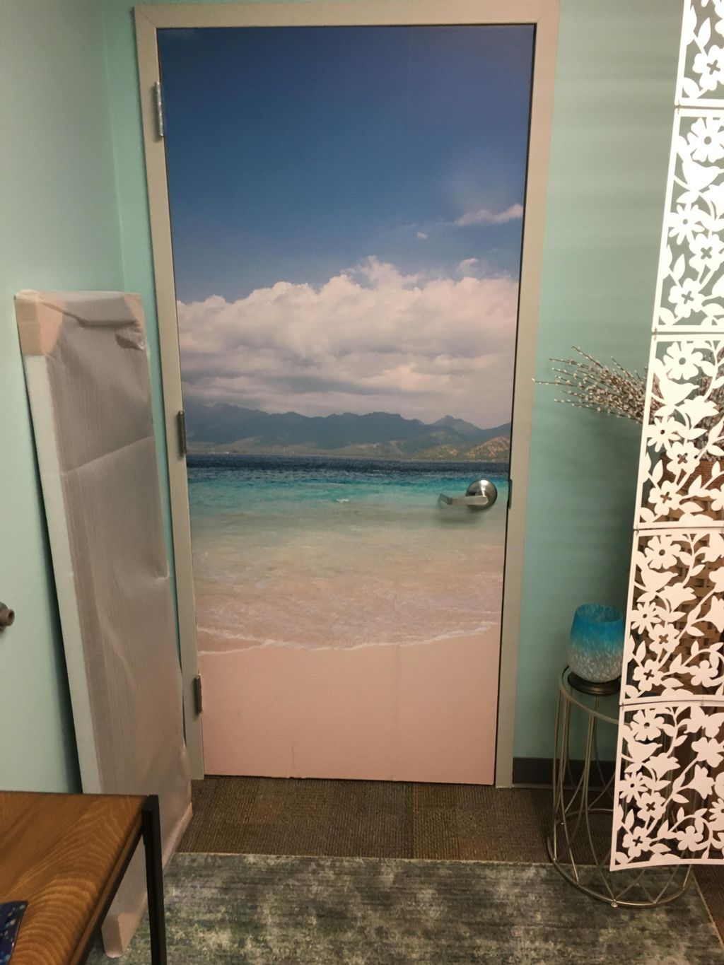 Installed wall paper on door 
Installed divider